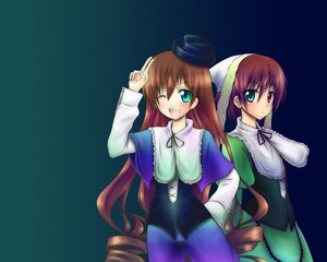 Rating: Safe Score: 0 Tags: 2girls :d brown_hair capelet dress drill_hair frills green_eyes hat heterochromia image long_hair long_sleeves multiple_girls open_mouth pair red_eyes siblings sisters smile souseiseki suiseiseki top_hat twins very_long_hair User: admin