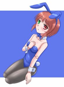 Rating: Safe Score: 0 Tags: 1girl animal_ears bare_shoulders black_legwear blue_background blue_bow blue_leotard bow bowtie brown_hair bunny_ears bunny_girl bunny_tail detached_collar fake_animal_ears fake_tail green_eyes heterochromia image leotard looking_at_viewer pantyhose red_eyes short_hair simple_background solo souseiseki strapless strapless_leotard tail wrist_cuffs User: admin