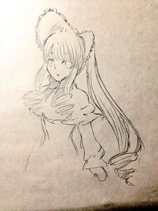 Rating: Safe Score: 0 Tags: 1girl bow detached_sleeves hair_bow hair_tubes hakurei_reimu image long_hair looking_at_viewer monochrome shinku sidelocks sketch solo traditional_media upper_body User: admin