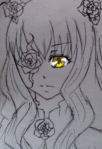 Rating: Safe Score: 0 Tags: 1girl flower hair_flower hair_ornament image kirakishou long_hair monochrome pink_rose red_rose rose solo spot_color thorns traditional_media white_rose yellow_eyes User: admin