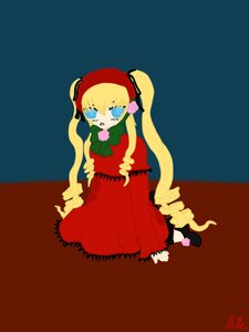 Rating: Safe Score: 0 Tags: 1girl blonde_hair blue_eyes bow bowtie capelet dress full_body green_bow image long_hair long_sleeves looking_at_viewer red_dress rose shinku simple_background sitting solo twintails very_long_hair User: admin