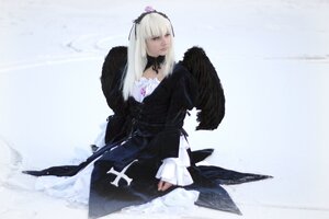 Rating: Safe Score: 0 Tags: 1girl bangs black_dress black_wings closed_eyes closed_mouth detached_collar dress feathered_wings feathers flower frills hairband long_hair long_sleeves ribbon silver_hair solo suigintou wings User: admin