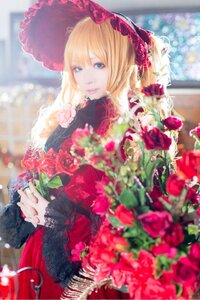 Rating: Safe Score: 0 Tags: 1girl bangs blonde_hair blue_eyes blurry blurry_background depth_of_field dress flower frills gothic_lolita lolita_fashion long_hair looking_at_viewer red_dress red_flower red_rose rose shinku solo umbrella User: admin