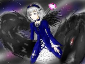 Rating: Safe Score: 0 Tags: 1girl black_wings dress flower frills image long_sleeves looking_at_viewer night night_sky rose silver_hair sky solo star_(sky) starry_sky suigintou wings User: admin