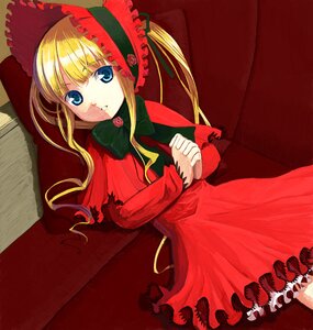 Rating: Safe Score: 0 Tags: 1girl blonde_hair blue_eyes bonnet bow dress flower image long_hair long_sleeves looking_at_viewer lying red_dress rose shinku solo twintails User: admin