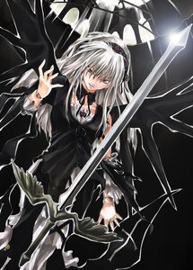 Rating: Safe Score: 0 Tags: 1girl arm_at_side black_dress black_ribbon black_wings collarbone cross-laced_clothes cross_print detached_collar detached_sleeves doll_joints dress floating floating_object flower frills hairband image joints kurokoeda lace_trim long_hair long_sleeves looking_at_viewer outstretched_hand parted_lips red_eyes ribbon rose rozen_maiden silver_hair solo suigintou sword torn_clothes weapon winged_sword wings User: admin