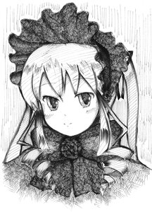 Rating: Safe Score: 0 Tags: 1girl blush closed_mouth greyscale image looking_at_viewer monochrome shinku smile solo traditional_media twintails white_background User: admin