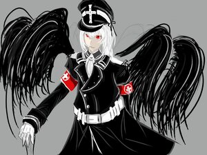 Rating: Safe Score: 0 Tags: 1girl armband belt black_wings grey_background hat image long_hair military military_uniform ponytail red_eyes simple_background solo spot_color suigintou uniform wings User: admin