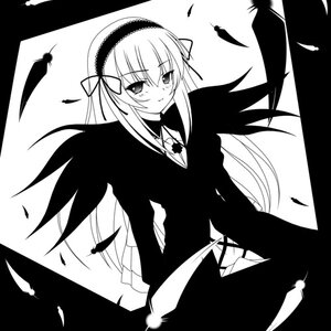 Rating: Safe Score: 0 Tags: 1girl artist_request bangs bird black_feathers blush border eyebrows_visible_through_hair feathered_wings feathers greyscale hairband high_contrast image letterboxed lolita_hairband long_hair long_sleeves looking_at_viewer lowres monochrome petals rozen_maiden simple_background smile solo suigintou white_background white_feathers wings User: admin
