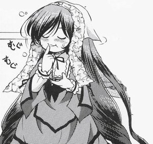 Rating: Safe Score: 0 Tags: 1girl blush closed_eyes dress greyscale image long_hair long_sleeves monochrome ribbon smile solo suiseiseki very_long_hair User: admin