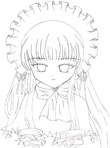 Rating: Safe Score: 0 Tags: 1girl bangs dress drill_hair frills greyscale image long_hair looking_at_viewer monochrome shinku simple_background solo striped very_long_hair white_background User: admin