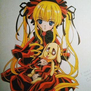 Rating: Safe Score: 0 Tags: 1girl blonde_hair blue_eyes blush bow dress holding image long_hair long_sleeves looking_at_viewer marker_(medium) red_dress rose shinku sidelocks simple_background solo traditional_media twintails very_long_hair User: admin