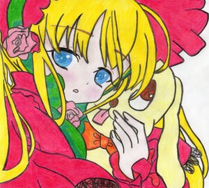 Rating: Safe Score: 0 Tags: 1girl blonde_hair blue_eyes blush bow dress flower image long_hair pink_flower pink_rose rose shikishi shinku simple_background solo traditional_media User: admin