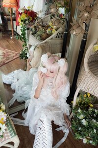 Rating: Safe Score: 0 Tags: 1girl closed_eyes dress flower hair_flower kirakishou lace long_hair pink_hair rose sitting solo white_dress white_flower User: admin