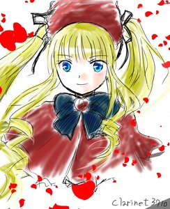 Rating: Safe Score: 0 Tags: 1girl blonde_hair blue_eyes blush bonnet bow bowtie dress drill_hair flower image long_hair long_sleeves looking_at_viewer petals red_dress rose_petals shinku smile solo twintails User: admin