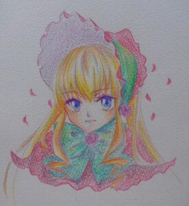 Rating: Safe Score: 0 Tags: 1girl bangs blonde_hair blue_eyes bonnet bow flower image long_hair looking_at_viewer petals pink_flower pink_rose red_flower red_rose rose rose_petals shinku simple_background solo traditional_media watercolor_(medium) User: admin