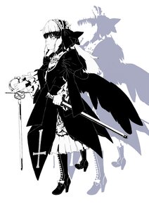 Rating: Safe Score: 0 Tags: 1girl boots frills greyscale hairband high_heel_boots high_heels holding image long_hair long_sleeves monochrome solo suigintou sword weapon User: admin