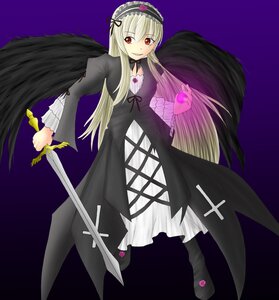 Rating: Safe Score: 0 Tags: 1girl black_dress black_wings dress flower frills full_body hairband holding holding_weapon image long_hair long_sleeves looking_at_viewer purple_background red_eyes ribbon rose simple_background smile solo standing suigintou sword very_long_hair weapon wings User: admin