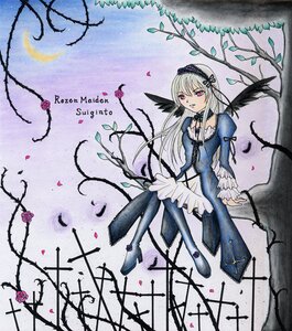 Rating: Safe Score: 0 Tags: 1girl black_wings dress flower frills hairband image long_hair long_sleeves moon pantyhose petals pink_eyes pink_flower plant red_eyes rose sitting solo suigintou tree wings User: admin