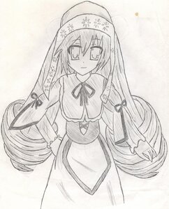 Rating: Safe Score: 0 Tags: 1girl auto_tagged capelet dress eyebrows_visible_through_hair image long_hair long_sleeves looking_at_viewer monochrome neck_ribbon ribbon smile solo suiseiseki traditional_media veil very_long_hair User: admin