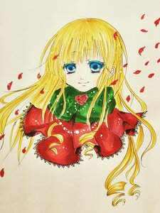 Rating: Safe Score: 0 Tags: 1girl blonde_hair blue_eyes capelet flower image long_hair looking_at_viewer petals red_capelet red_flower red_rose rose rose_petals shinku smile solo traditional_media upper_body User: admin