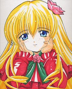 Rating: Safe Score: 0 Tags: 1girl bangs blonde_hair blue_eyes blush flower image long_hair long_sleeves looking_at_viewer marker_(medium) pink_rose rose shinku simple_background smile solo traditional_media upper_body User: admin