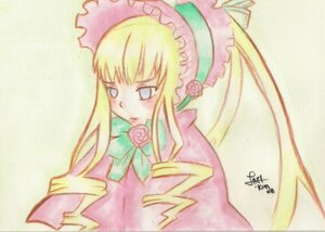 Rating: Safe Score: 0 Tags: 1girl bangs blonde_hair blue_eyes bonnet bow bowtie dress flower green_bow image long_hair long_sleeves marker_(medium) pink_flower pink_rose rose shinku sidelocks signature simple_background solo traditional_media upper_body yellow_background User: admin