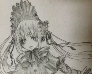 Rating: Safe Score: 0 Tags: 1girl dress drill_hair frills greyscale image long_hair long_sleeves looking_at_viewer monochrome shinku simple_background solo traditional_media twintails upper_body User: admin