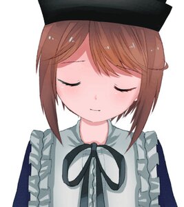 Rating: Safe Score: 0 Tags: 1girl apron bangs black_headwear blush brown_hair closed_eyes closed_mouth dress eyebrows_visible_through_hair facing_viewer frills hat image ribbon simple_background solo souseiseki striped upper_body white_apron white_background User: admin