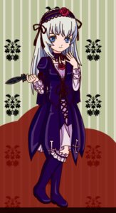 Rating: Safe Score: 0 Tags: 1girl blue_eyes boots dress flower frills full_body gothic_lolita hairband image lolita_fashion long_hair long_sleeves looking_at_viewer ribbon silver_hair solo standing suigintou User: admin