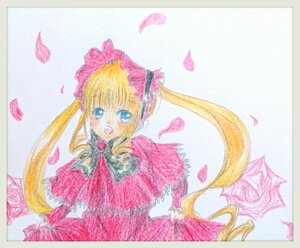 Rating: Safe Score: 0 Tags: 1girl :d blonde_hair blue_eyes blush bonnet bow bowtie dress drill_hair flower image long_hair long_sleeves looking_at_viewer open_mouth petals pink_flower pink_rose red_dress rose shinku simple_background smile solo striped traditional_media twin_drills twintails very_long_hair User: admin