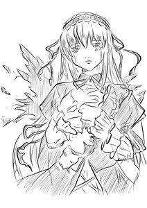 Rating: Safe Score: 0 Tags: 1girl bruise dress eyebrows_visible_through_hair frills greyscale hairband image injury long_hair long_sleeves looking_at_viewer monochrome simple_background solo suigintou tears torn_clothes torn_dress upper_body white_background User: admin