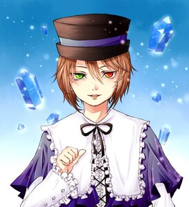 Rating: Safe Score: 0 Tags: 1boy black_headwear brown_hair capelet center_frills frills green_eyes hat heterochromia image long_sleeves looking_at_viewer red_eyes ribbon short_hair smile solo souseiseki top_hat upper_body User: admin