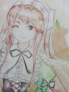 Rating: Safe Score: 0 Tags: 1girl dress frills green_eyes image long_hair one_eye_closed ribbon smile solo suiseiseki traditional_media upper_body User: admin