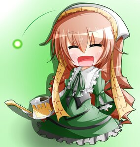 Rating: Safe Score: 0 Tags: 1girl blush brown_hair chibi closed_eyes dress green_background image long_hair long_sleeves open_mouth pink_hair smile solo suiseiseki User: admin