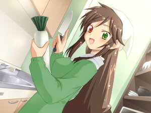 Rating: Safe Score: 0 Tags: 1girl :d apron blush brown_hair cooking green_eyes head_scarf heterochromia image indoors kitchen knife long_hair long_sleeves looking_at_viewer looking_back open_mouth red_eyes smile solo suiseiseki User: admin