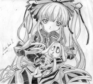 Rating: Safe Score: 0 Tags: 1girl artist_name dated dress greyscale hair_ribbon image long_hair long_sleeves looking_at_viewer monochrome ribbon shikishi shinku signature solo stuffed_animal stuffed_bunny traditional_media twintails very_long_hair User: admin