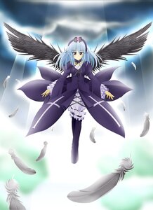 Rating: Safe Score: 0 Tags: 1girl bird black_feathers black_wings dress feathers flying frills hairband image long_hair long_sleeves looking_at_viewer purple_eyes ribbon silver_hair solo suigintou wings User: admin