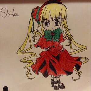 Rating: Safe Score: 0 Tags: 1girl black_footwear blonde_hair blue_eyes bow bowtie dress drill_hair flower full_body green_bow image long_hair long_sleeves looking_at_viewer photo red_dress rose shinku shoes simple_background solo standing traditional_media twintails User: admin