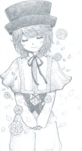 Rating: Safe Score: 0 Tags: 1girl blush capelet closed_eyes flower hat image long_sleeves monochrome petals ribbon rose short_hair smile solo souseiseki striped User: admin