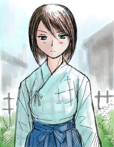 Rating: Safe Score: 0 Tags: 1girl artist_name bangs blue_eyes blush brown_hair closed_mouth hakama image japanese_clothes long_sleeves looking_at_viewer outdoors short_hair sketch solo souseiseki User: admin