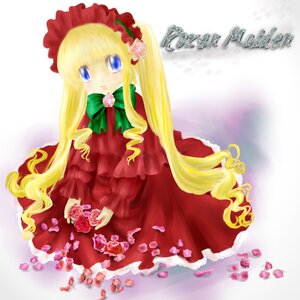 Rating: Safe Score: 0 Tags: 1girl blonde_hair blue_eyes bow bowtie dress flower green_bow image long_hair long_sleeves looking_at_viewer petals pink_flower pink_rose red_dress rose shinku sitting solo twintails very_long_hair User: admin