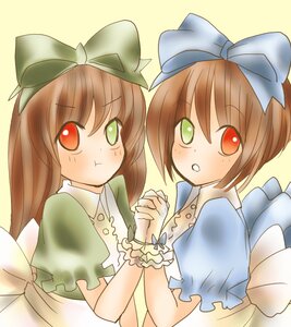 Rating: Safe Score: 0 Tags: 2girls bow brown_hair dress green_dress green_eyes hair_bow heterochromia holding_hands image long_hair looking_at_viewer multiple_girls pair red_eyes short_hair siblings souseiseki suiseiseki twins yellow_background User: admin