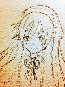 Rating: Safe Score: 0 Tags: 1girl auto_tagged blush braid eyebrows_visible_through_hair image long_hair looking_at_viewer maid_headdress monochrome solo suiseiseki traditional_media twin_braids upper_body User: admin