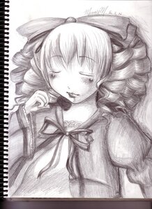 Rating: Safe Score: 0 Tags: 1girl closed_eyes drill_hair graphite_(medium) greyscale hinaichigo image lying monochrome ribbon sleeping solo traditional_media User: admin