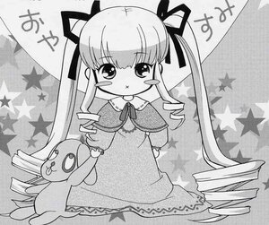 Rating: Safe Score: 0 Tags: 1girl :3 :t anger_vein dress drill_hair greyscale hair_ribbon image long_hair long_sleeves monochrome pout ribbon shinku solo star_(symbol) star_hair_ornament star_print starfish starry_background stuffed_animal traditional_media twin_drills twintails User: admin
