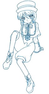 Rating: Safe Score: 0 Tags: 1girl bangs blue_theme blush boots capelet cross-laced_footwear eyebrows_visible_through_hair frills full_body hat image long_sleeves looking_at_viewer monochrome neck_ribbon ribbon short_hair sitting solo souseiseki User: admin
