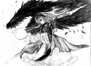Rating: Safe Score: 0 Tags: 1girl auto_tagged black_wings dress feathered_wings feathers floating_hair frills greyscale hairband image long_hair long_sleeves looking_at_viewer monochrome solo suigintou wings User: admin