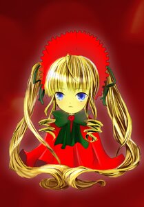 Rating: Safe Score: 0 Tags: 1girl blonde_hair blue_eyes bow bowtie dress drill_hair flower green_bow image long_hair long_sleeves looking_at_viewer red_background shinku sidelocks simple_background solo twintails User: admin
