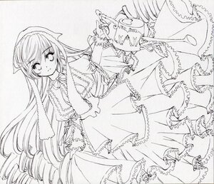 Rating: Safe Score: 0 Tags: 1girl blush capelet dress frills greyscale image long_hair long_sleeves looking_at_viewer monochrome ribbon solo suiseiseki very_long_hair User: admin